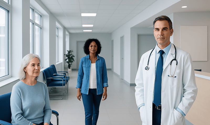 Doctor with two female patients in a hospital corridor.