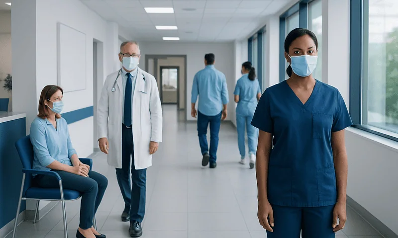Healthcare professionals wearing masks in a hospital corridor.