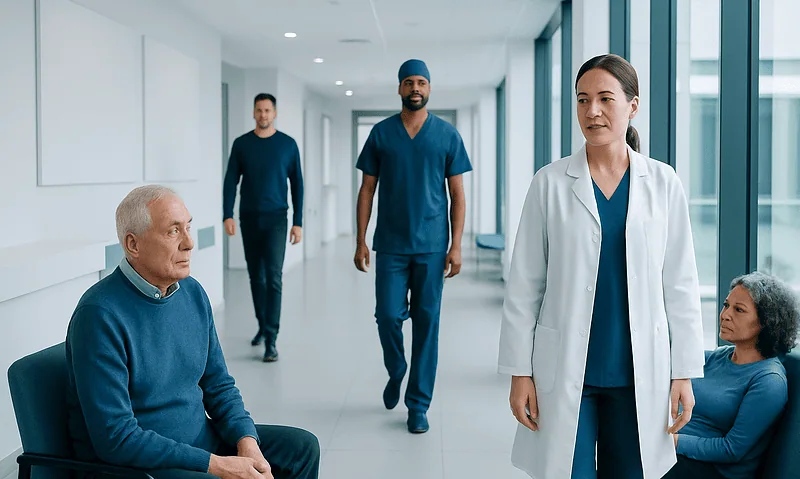 Medical team consulting with elderly patient in hospital corridor.