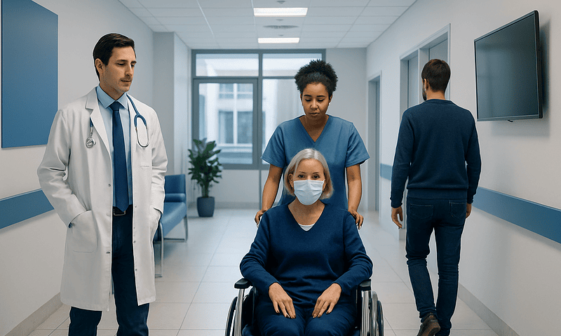 Medical team with patient in hospital corridor, wearing masks and scrubs.