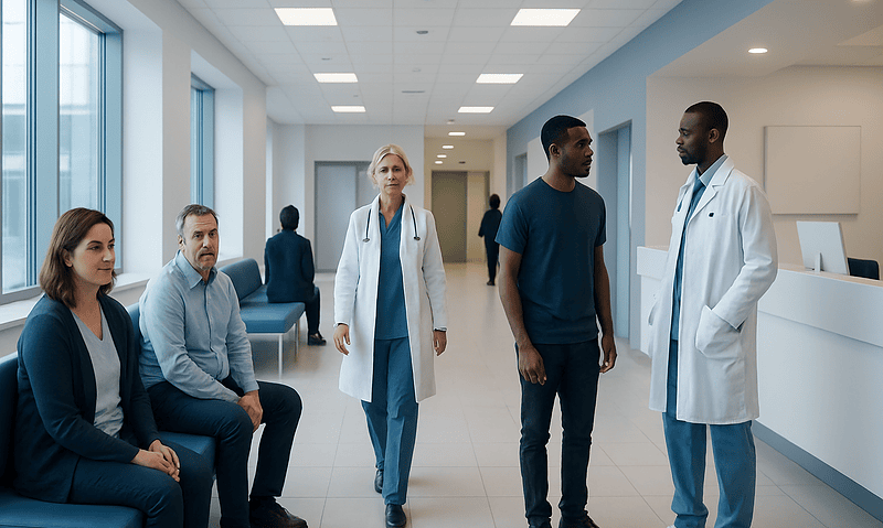 Medical staff and patients in a hospital corridor at Acibadem Hospitals Group.