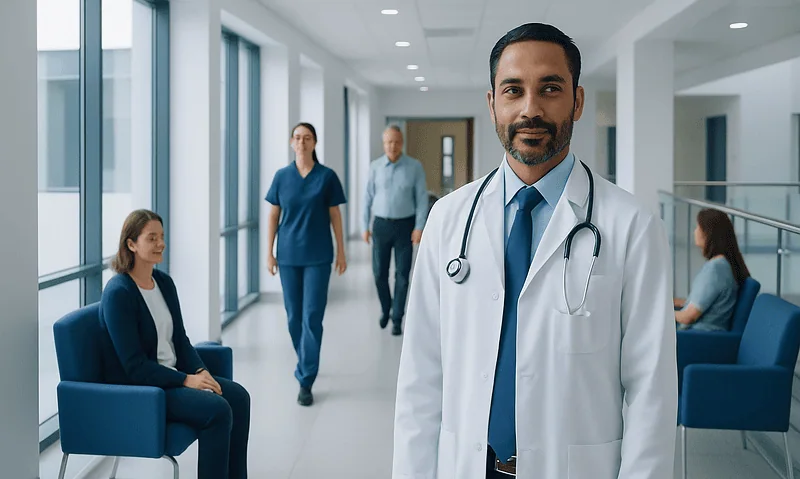 Infectious disease doctor with patients in a hospital corridor.