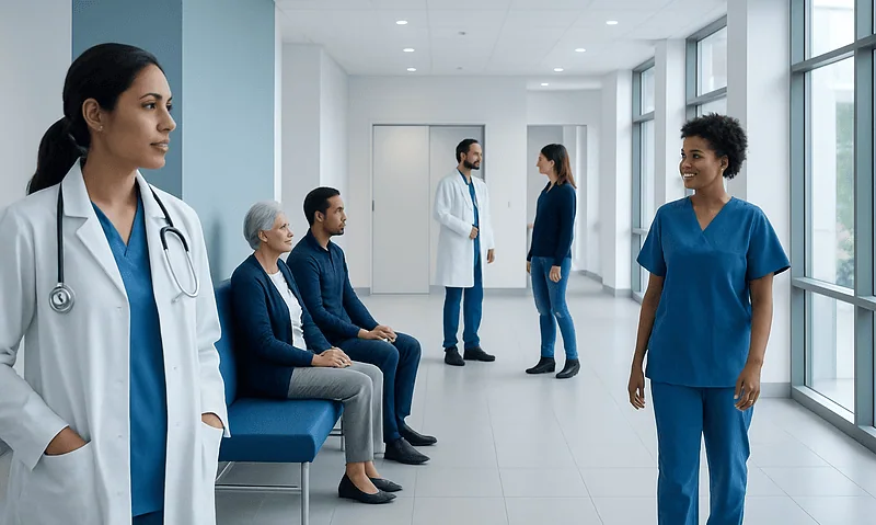 Healthcare professionals and patients in a hospital corridor.