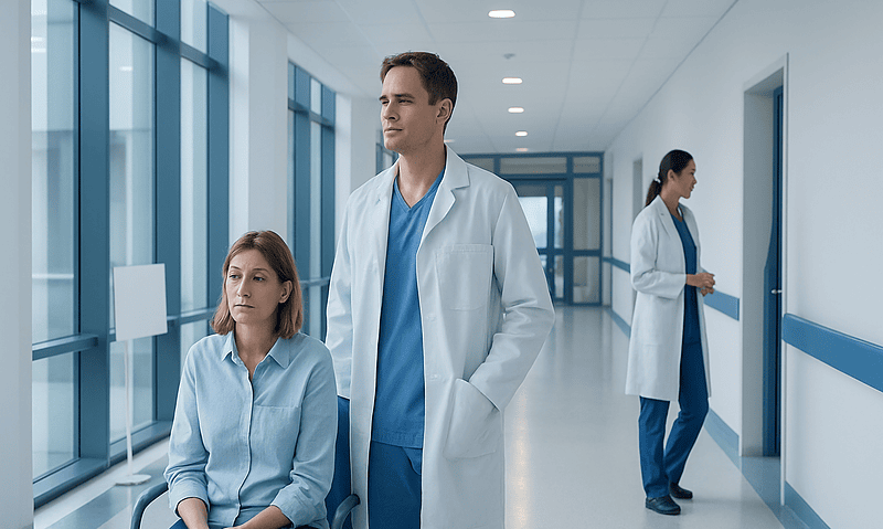 Medical professionals in hospital corridor with patient and staff.