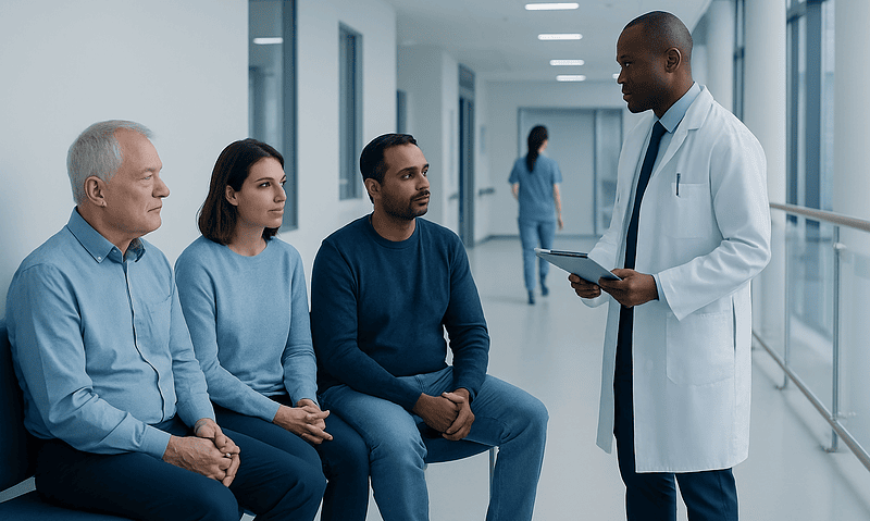 Doctor consulting with three patients in a hospital corridor.