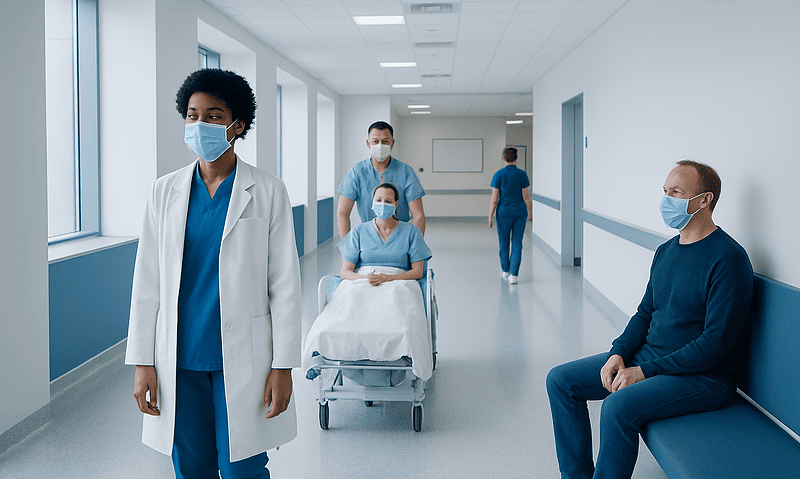 Healthcare professionals and patient in hospital corridor wearing masks.