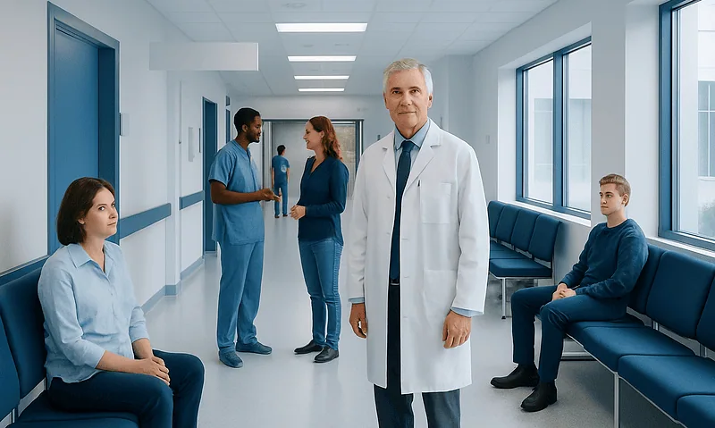 Medical team and patients in a hospital corridor at Acibadem Hospitals Group.