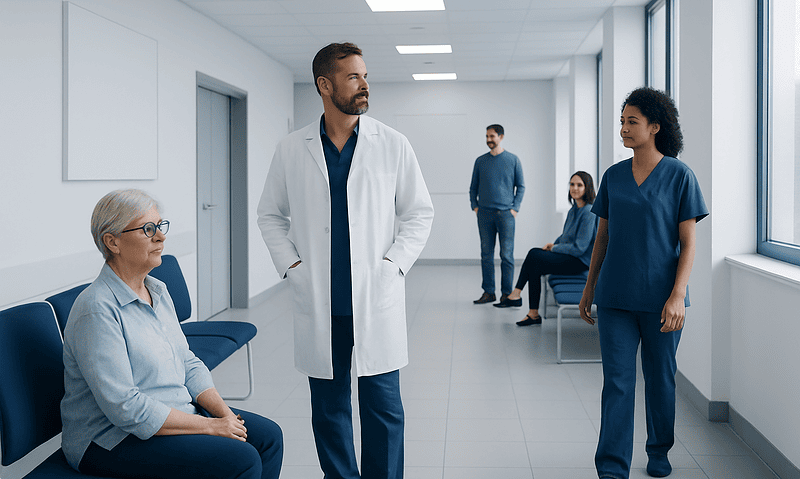 Medical team consulting with patient in hospital corridor.