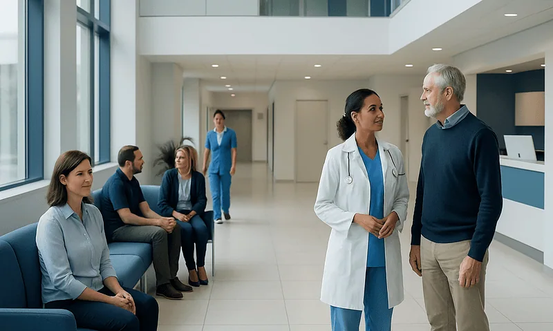 Healthcare professionals and patients in a hospital waiting area.