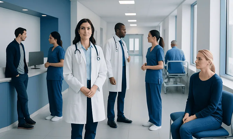 Medical team in hospital corridor with patient and staff members.
