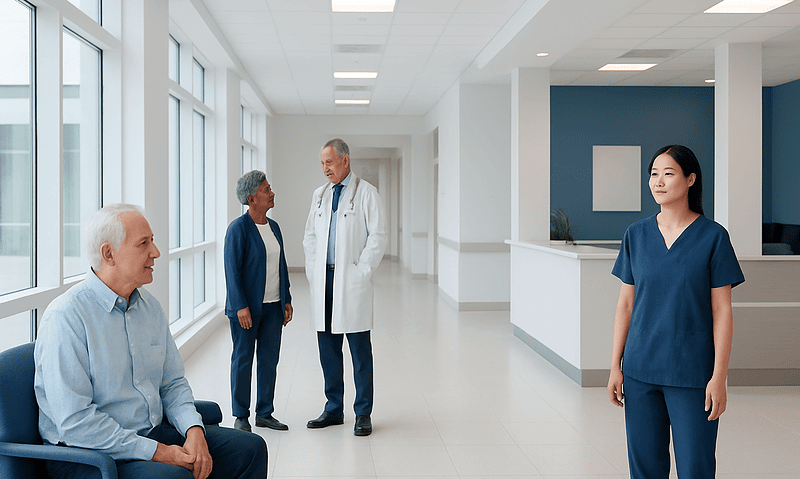 Medical consultation in a hospital corridor with doctors and patient.