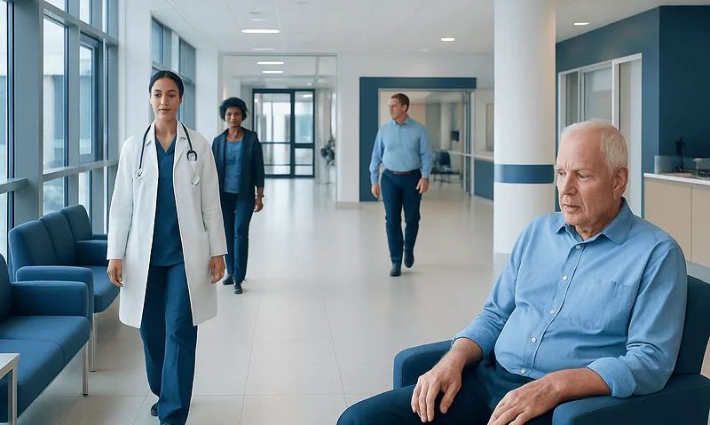 Doctor and patients in a hospital corridor, healthcare setting.
