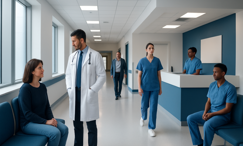 Medical team consulting patient in hospital corridor with staff and patient.