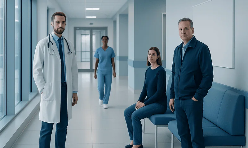 Medical team in hospital corridor with doctor and patients.