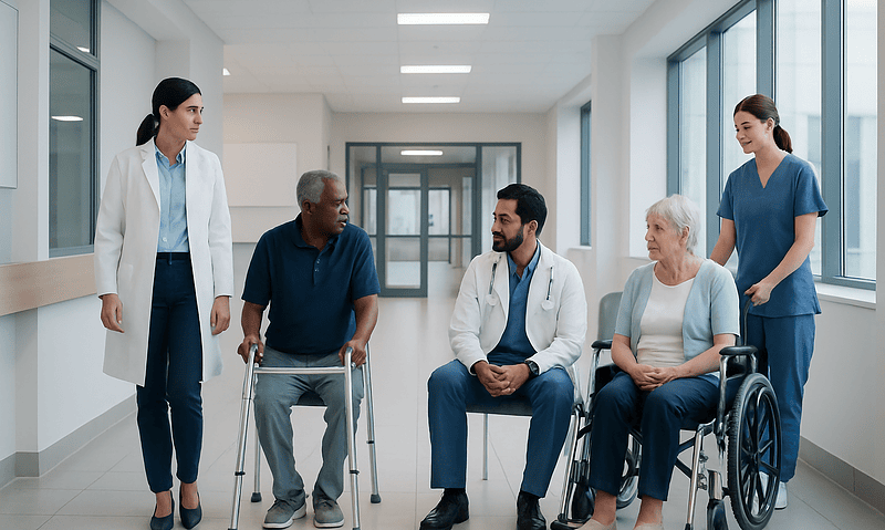Medical team consulting with elderly patients in hospital corridor.