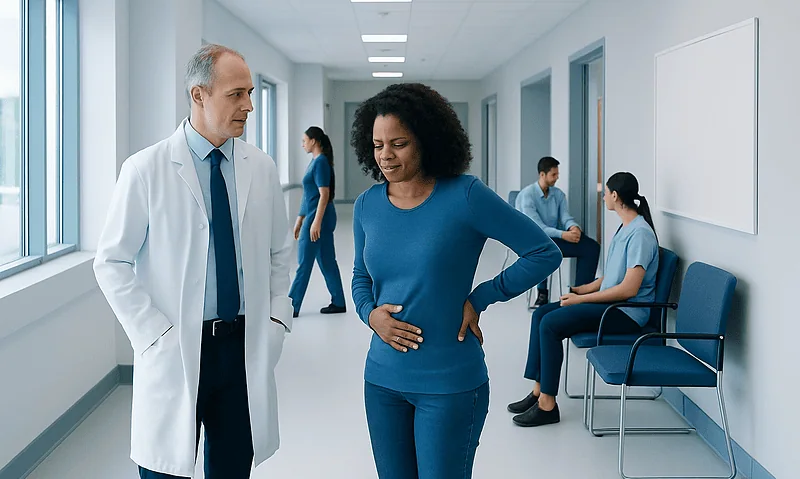 Doctor consulting with a woman experiencing abdominal pain in hospital corridor.
