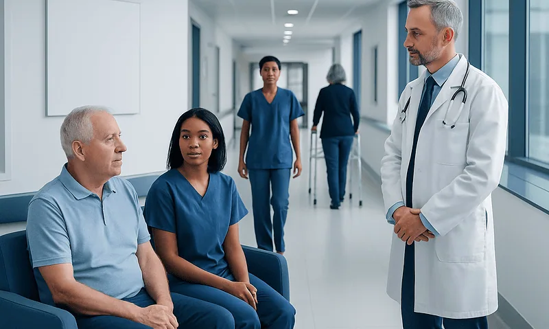 Doctor consulting with elderly patient and nurse in hospital corridor.