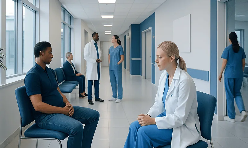 Patients and doctors in a hospital corridor, waiting and consulting.