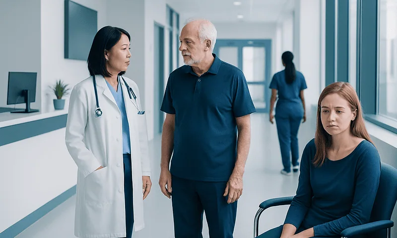 Doctor consulting with a patient in a hospital corridor.