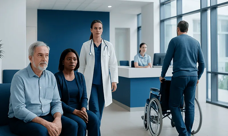 Patients waiting in a hospital corridor with a healthcare professional present.