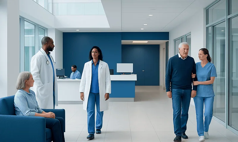 Hospital staff and patients in a modern medical facility corridor.