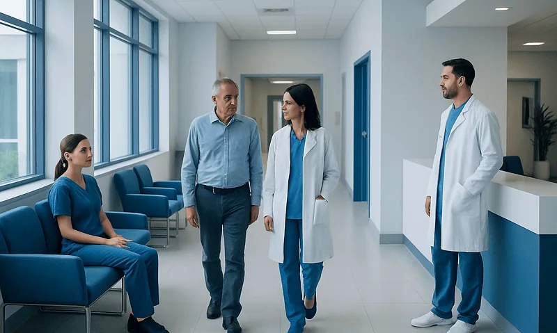 Medical team consulting with patient in hospital corridor.