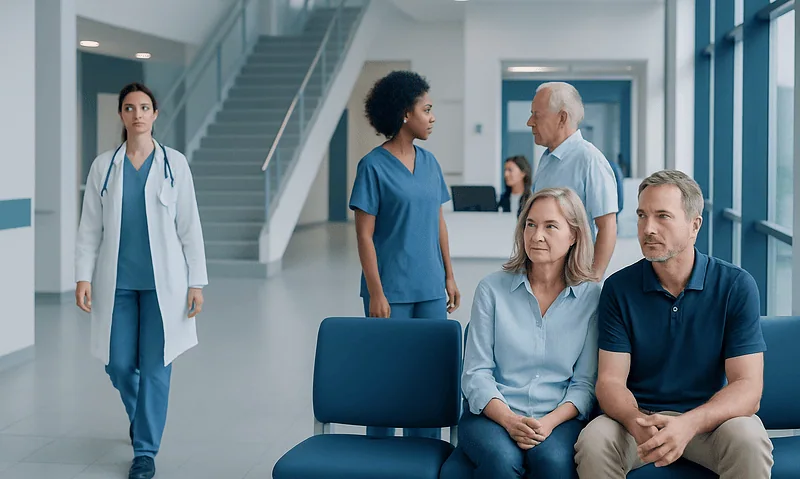 Hospital waiting area with medical staff and patients.