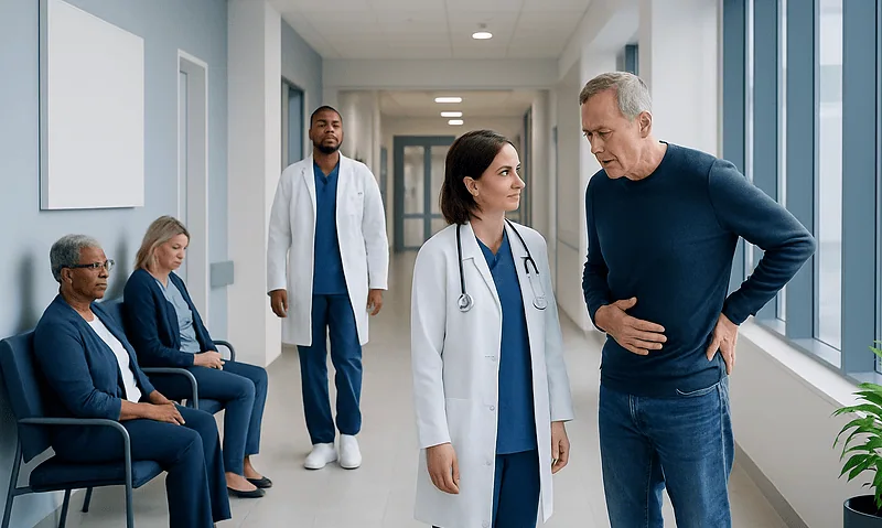 Doctor examining a patient with abdominal pain in a hospital corridor.