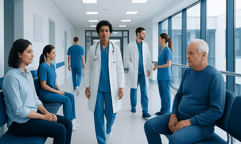 Medical team consulting with a patient in a hospital corridor.