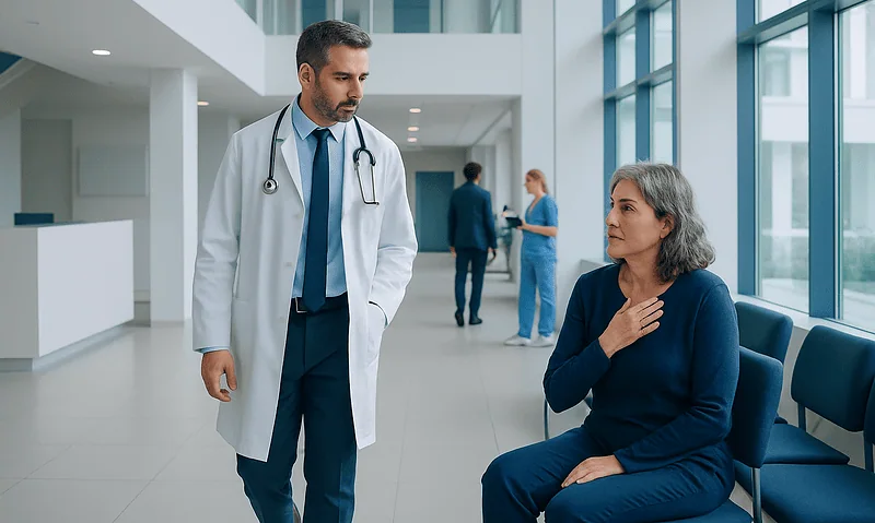 Doctor consulting with a patient in a modern hospital corridor.