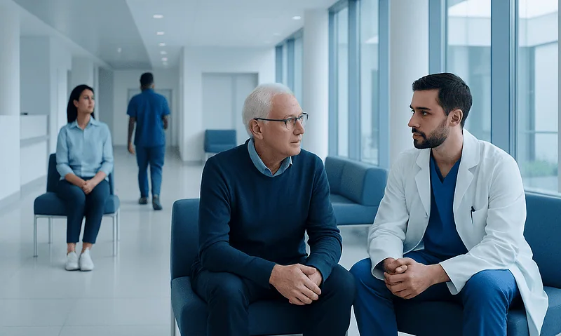 Doctor consulting with senior patient in modern hospital corridor.