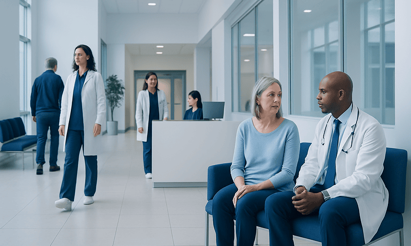 Patients and doctors in a modern hospital corridor.