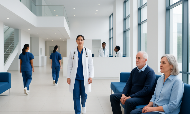 Modern hospital lobby with medical staff and patients.
