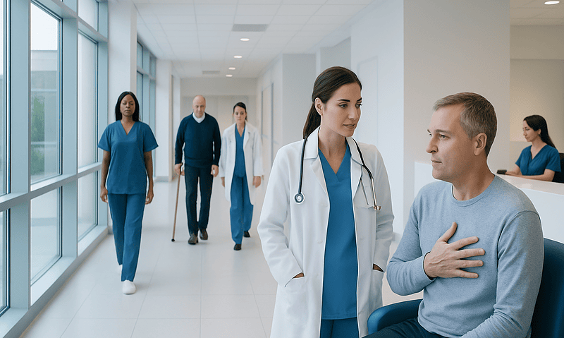 Medical team examining a patient in a hospital corridor.
