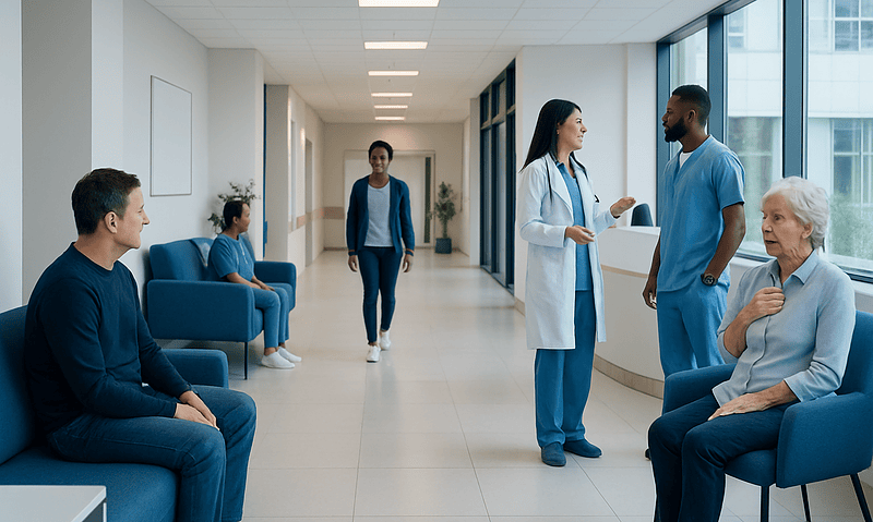 Medical staff consulting with elderly patient in hospital corridor.