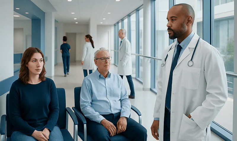 Doctor consulting with patients in a hospital corridor.
