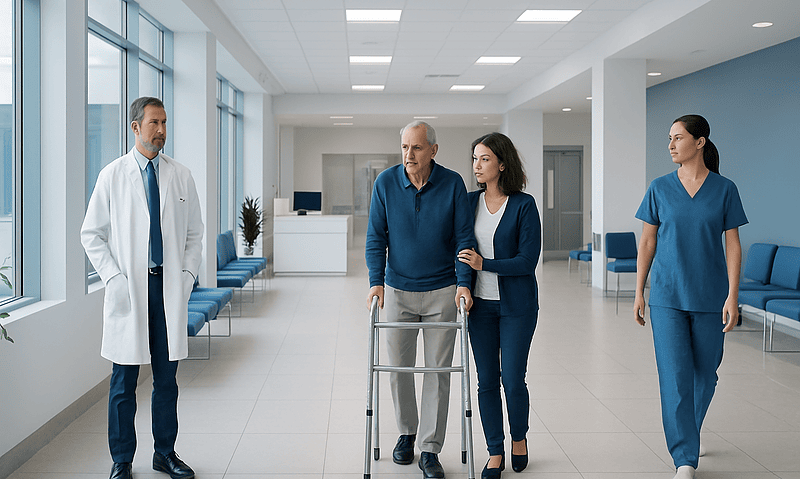 Hospital staff assisting elderly patient with walker in a modern hospital corridor.
