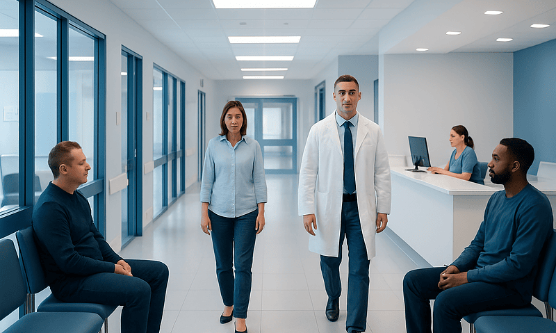 Medical professionals and patients in a hospital corridor.