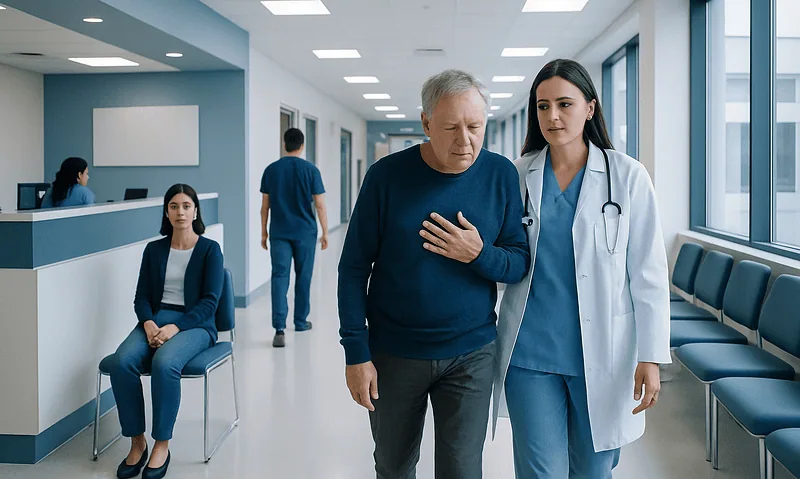 Doctor assisting an elderly patient in a hospital corridor.