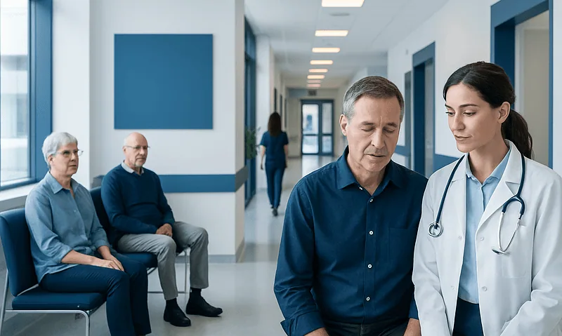 Doctor consulting with patient in hospital corridor with waiting patients.