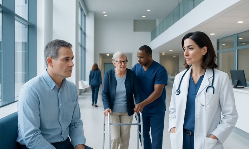 Medical consultation with a doctor and patients in a hospital corridor.