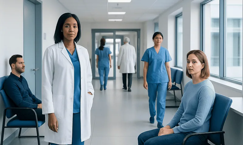 Medical professionals and patients in a hospital corridor at Acibadem Hospitals Group.