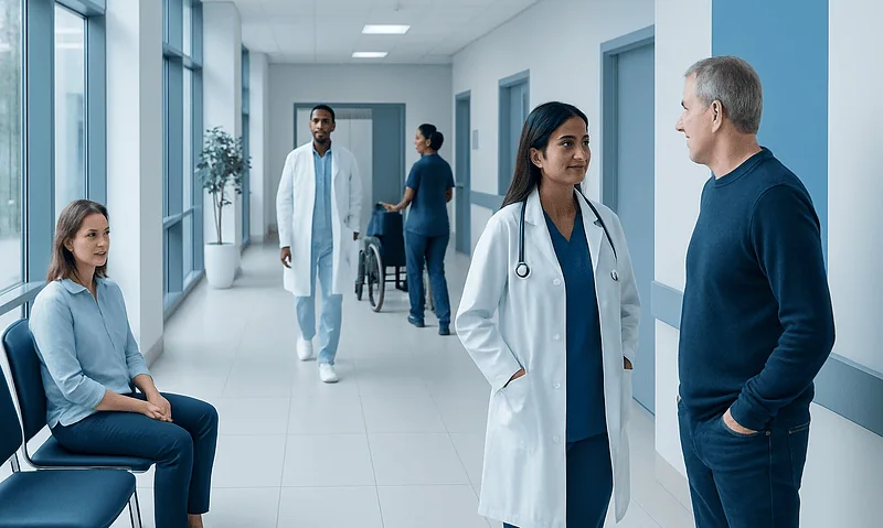 Medical professionals and patient in hospital corridor at Acibadem Hospitals Group.