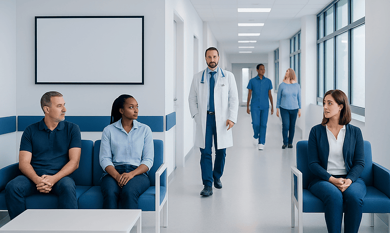 Medical professionals and patients in a hospital corridor at Acibadem Hospitals Group.