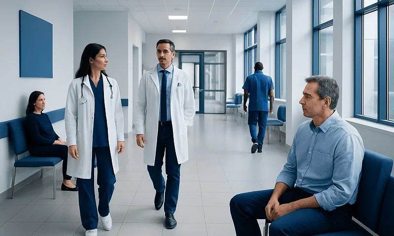 Medical professionals consulting with a patient in a hospital corridor.