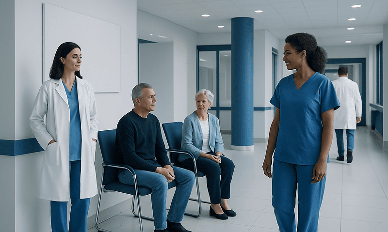 Healthcare professionals and patients in a hospital corridor.