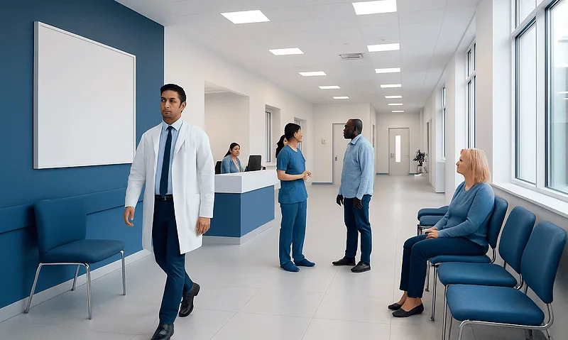 Modern hospital waiting area with medical staff and patient seating.