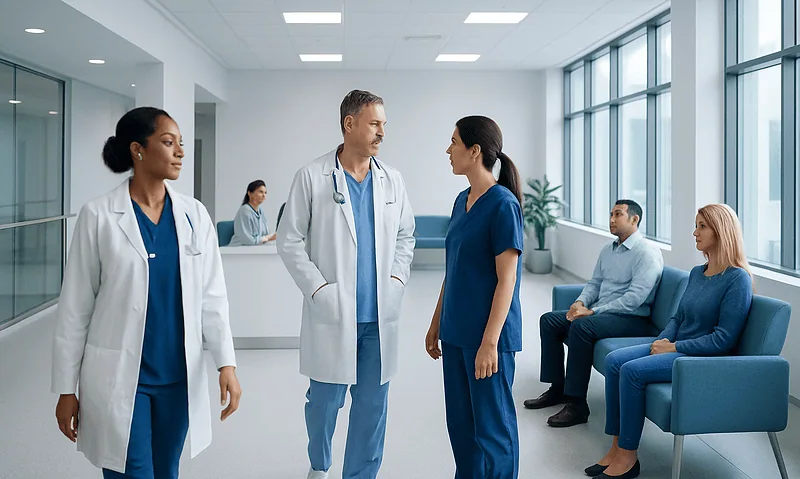 Medical team discussing patient care in hospital corridor.
