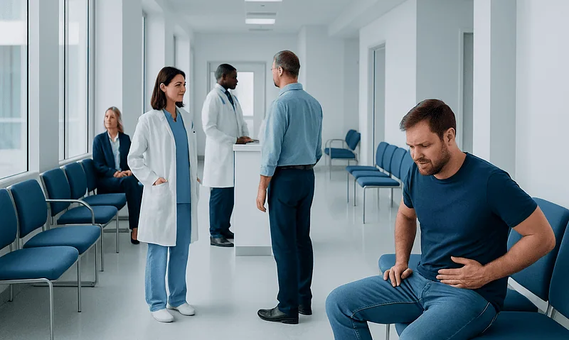 Man with kidney pain in hospital corridor with medical staff nearby.