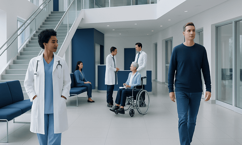 Medical staff and patients in a modern hospital corridor.
